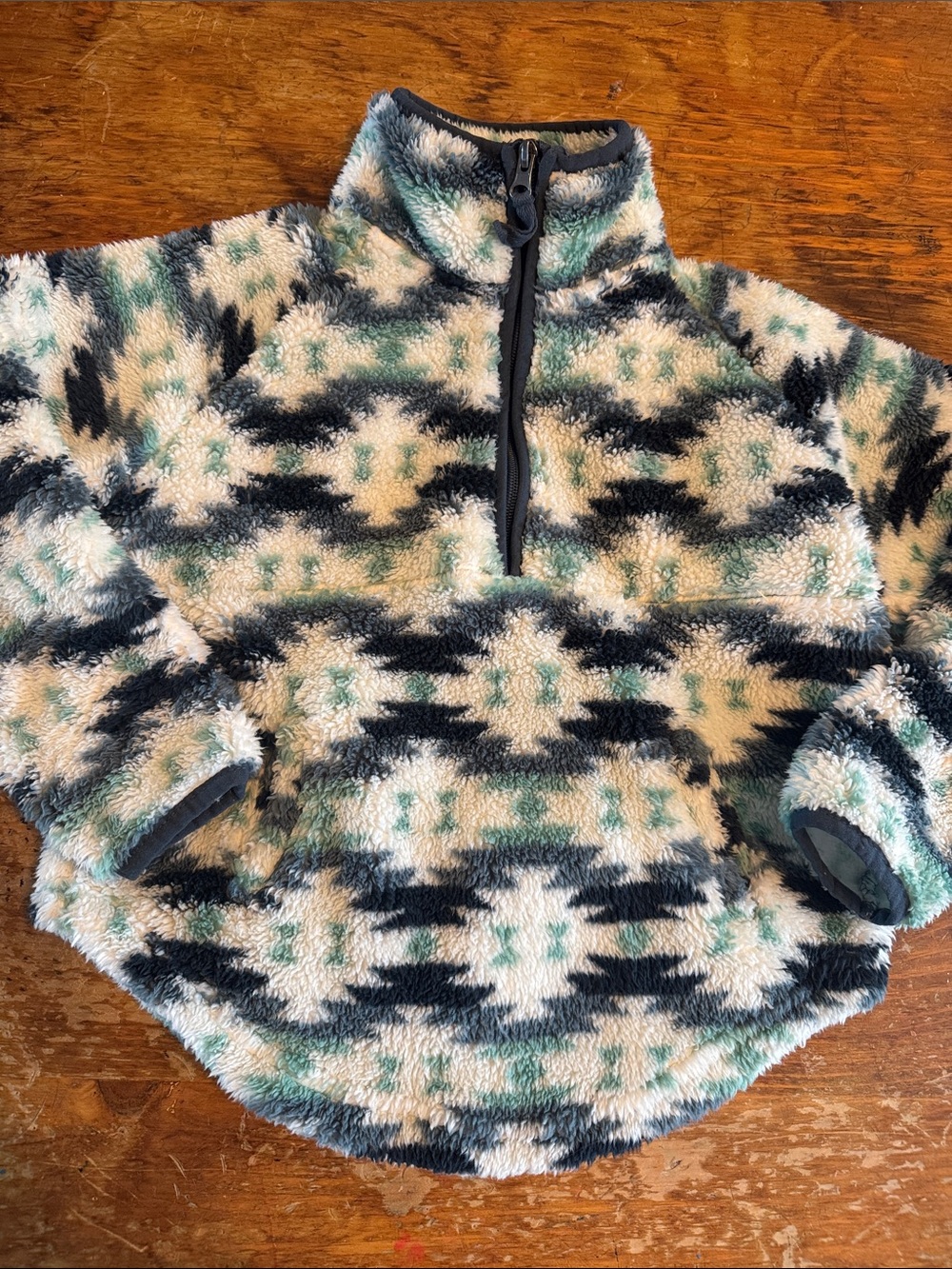 Kids Plush Half-Zip Hoodie - Cream, Black & Teal